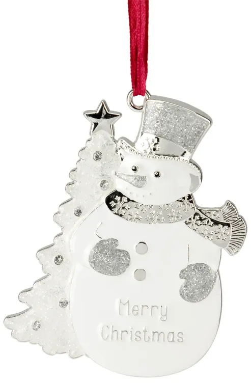 3.5" White Silver-Plated Snowman Merry Christmas Ornament with European Crystals