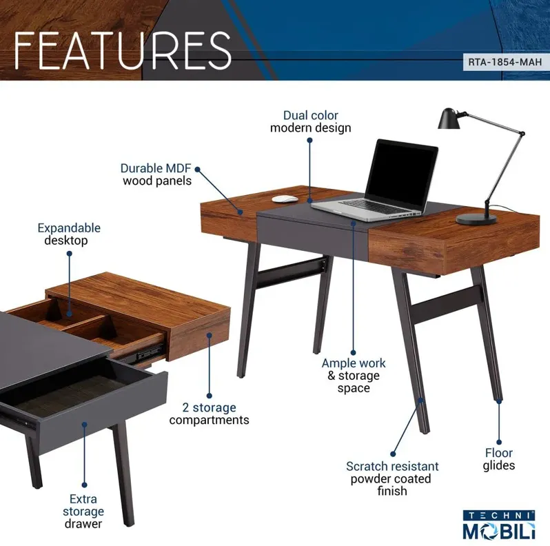 Techni Mobili Expandable Modern Desk with Storage, Mahogany