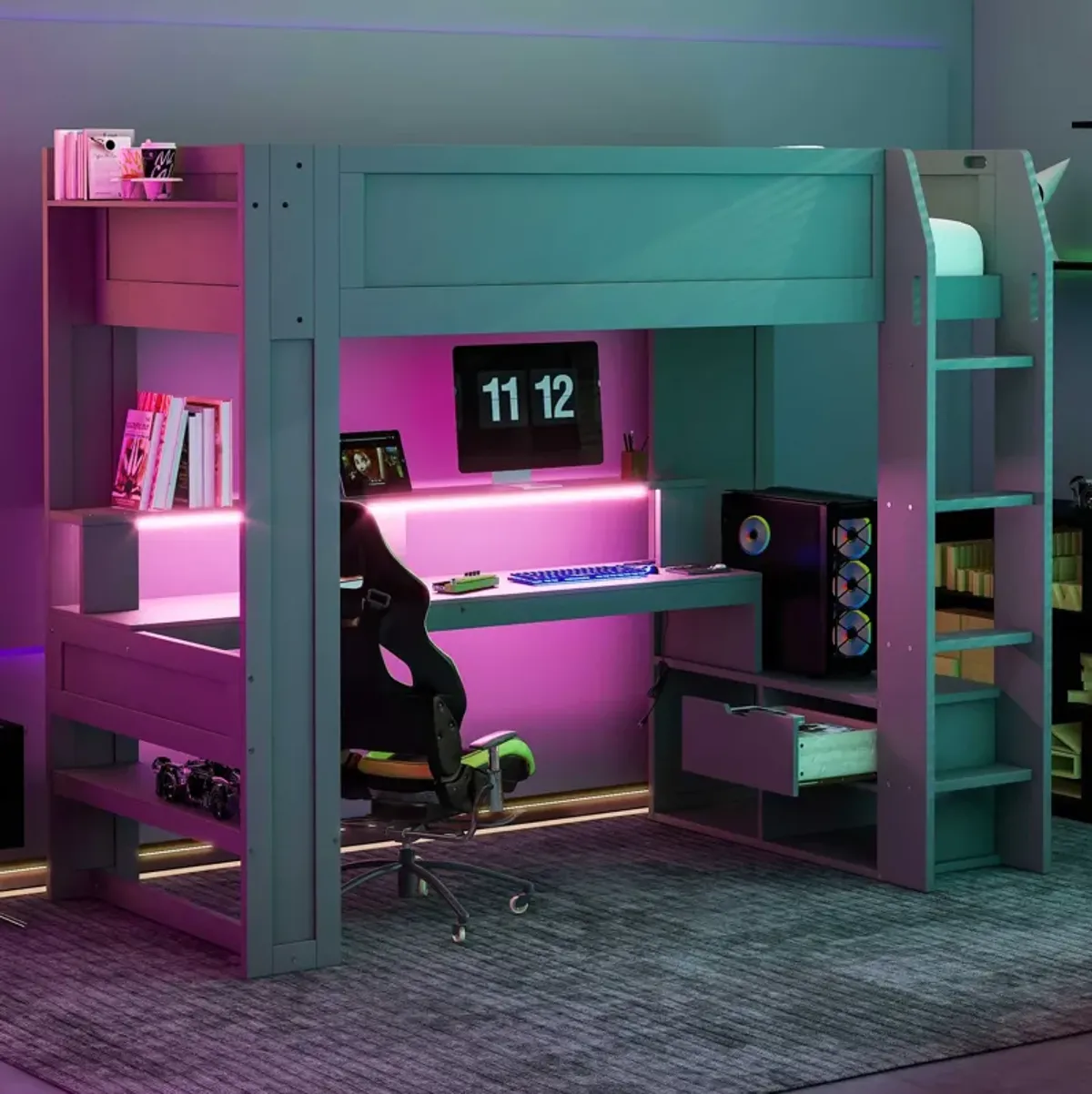 Merax Gaming Loft Bed with Desk and LED Light