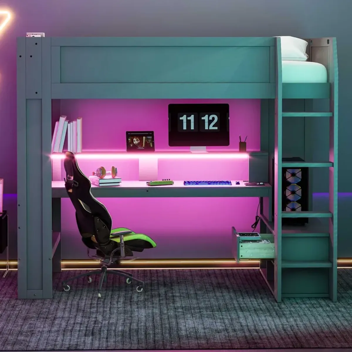 Merax Gaming Loft Bed with Desk and LED Light