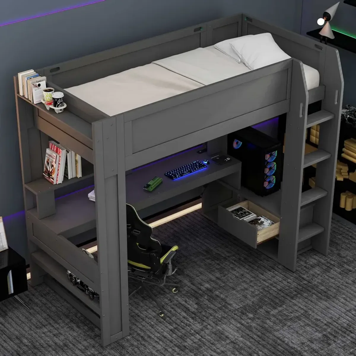 Merax Gaming Loft Bed with Desk and LED Light