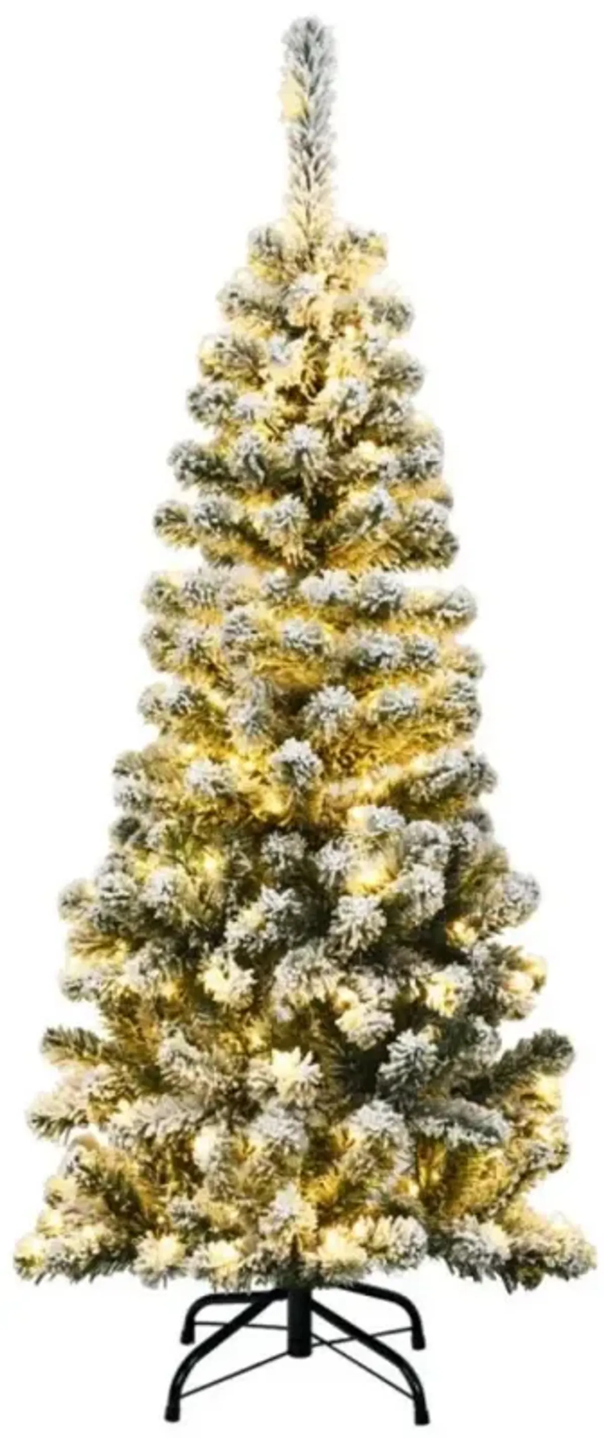 Hivvago 4.5 Feet Pre-Lit Snow Flocked Pencil Christmas Tree with 150 LED Light