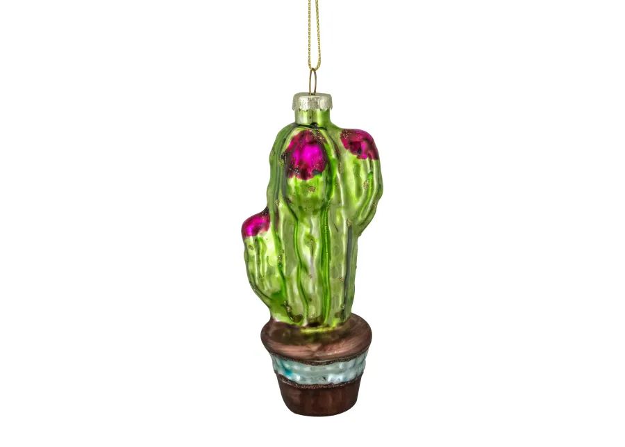 4.75" Green and Pink Potted Cactus Glass Christmas Ornament