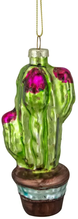 4.75" Green and Pink Potted Cactus Glass Christmas Ornament