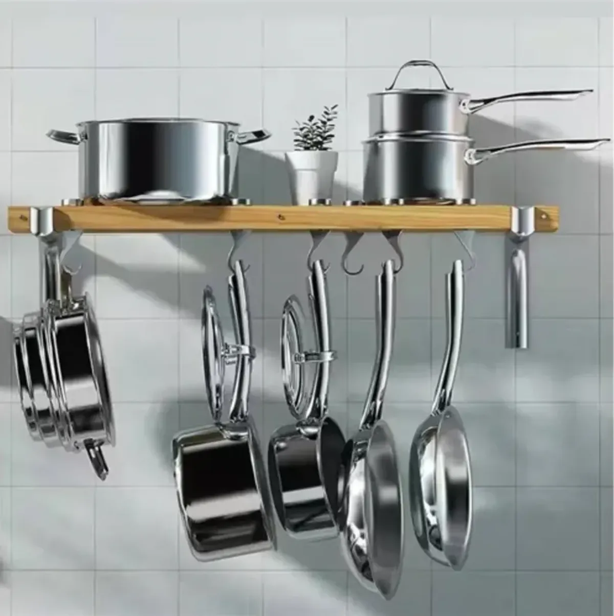 Metal & Wood Wall Pot Rack Hanging Kitchen Organizer with 6 Adjustable Swivel Hooks