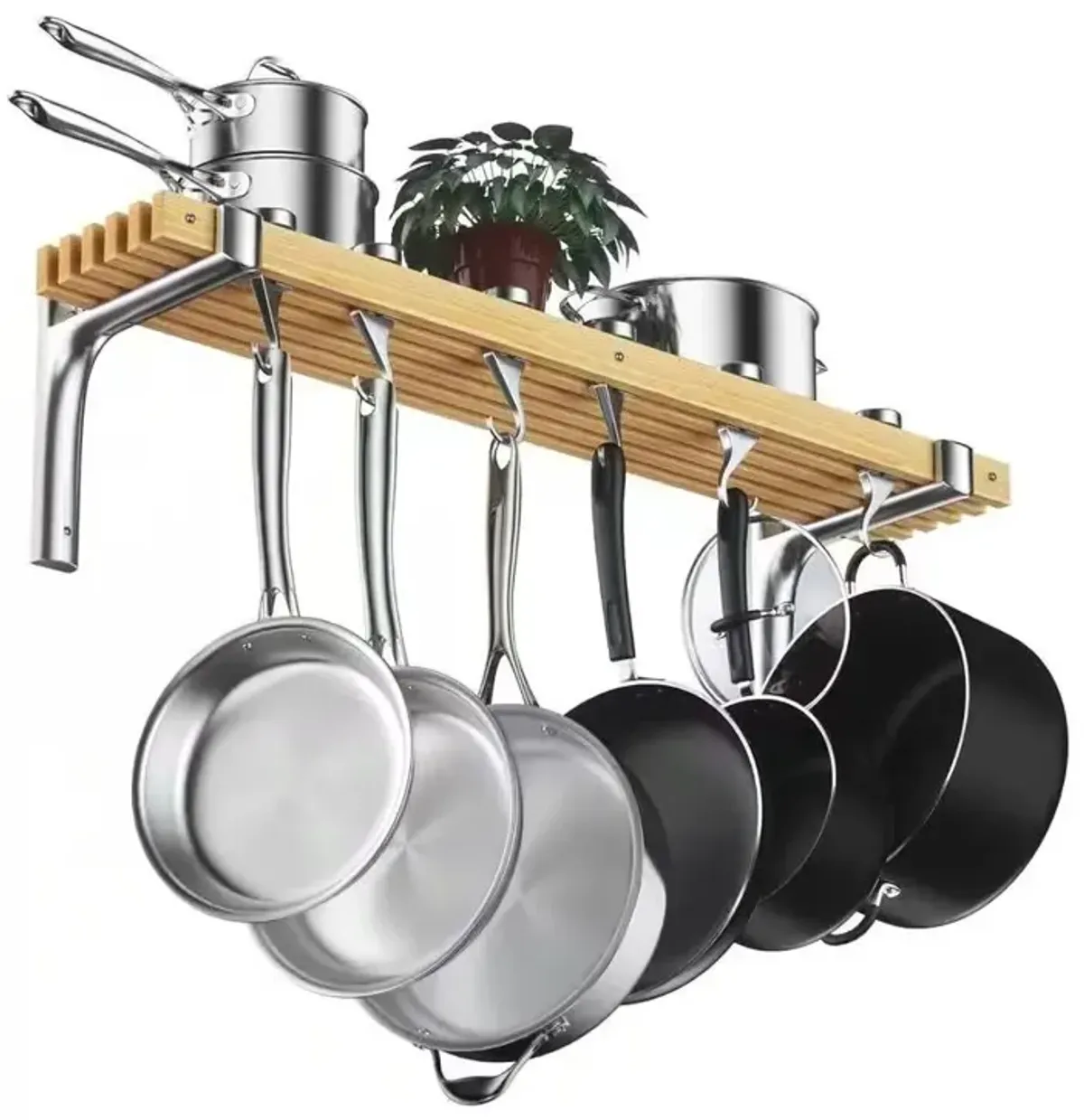 Metal & Wood Wall Pot Rack Hanging Kitchen Organizer with 6 Adjustable Swivel Hooks