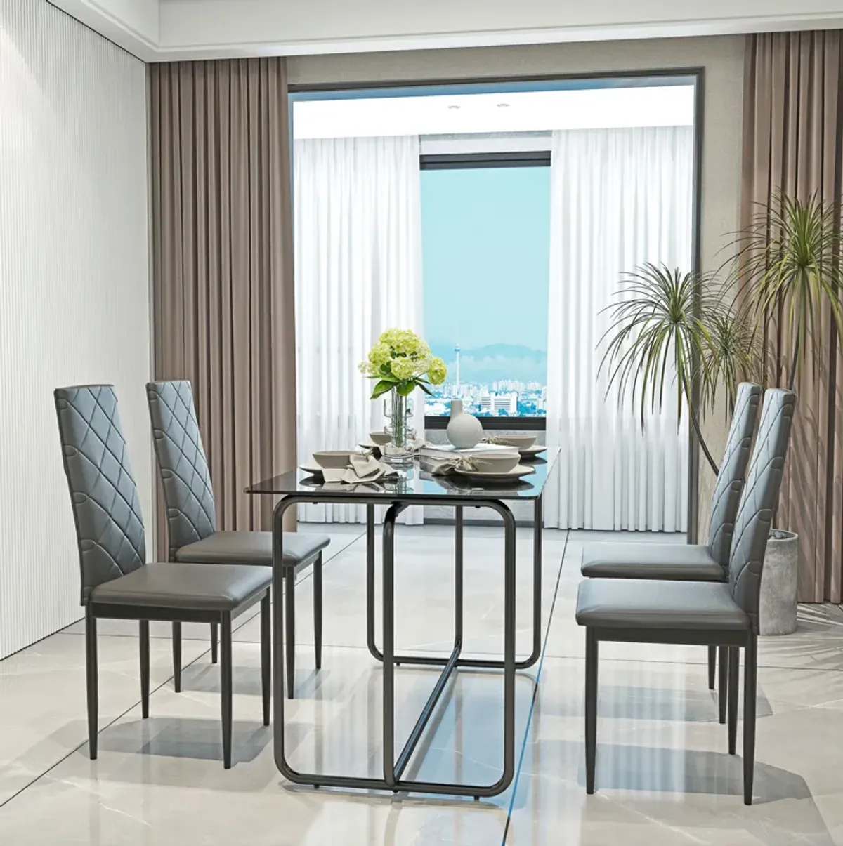 Hivvago Set of 5 Tempered Glass Dining Table and Chair with Metal Leg Set