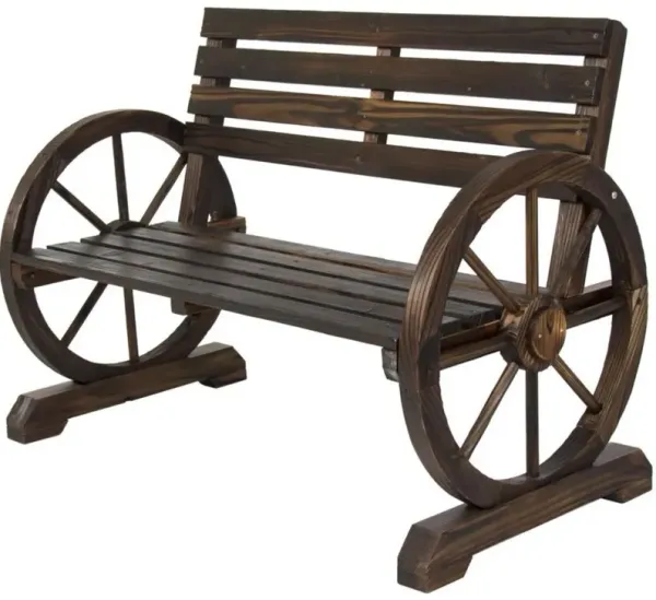 Hivvago 2 Person Farmhouse Wagon Wheel Wooden Bench
