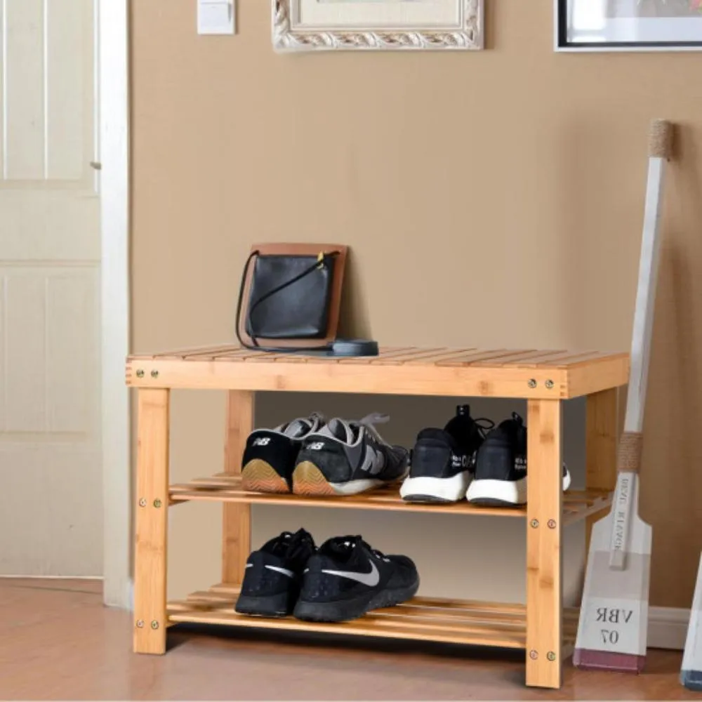 2-Tier Bamboo Shoe Bench Entryway Storage Racks