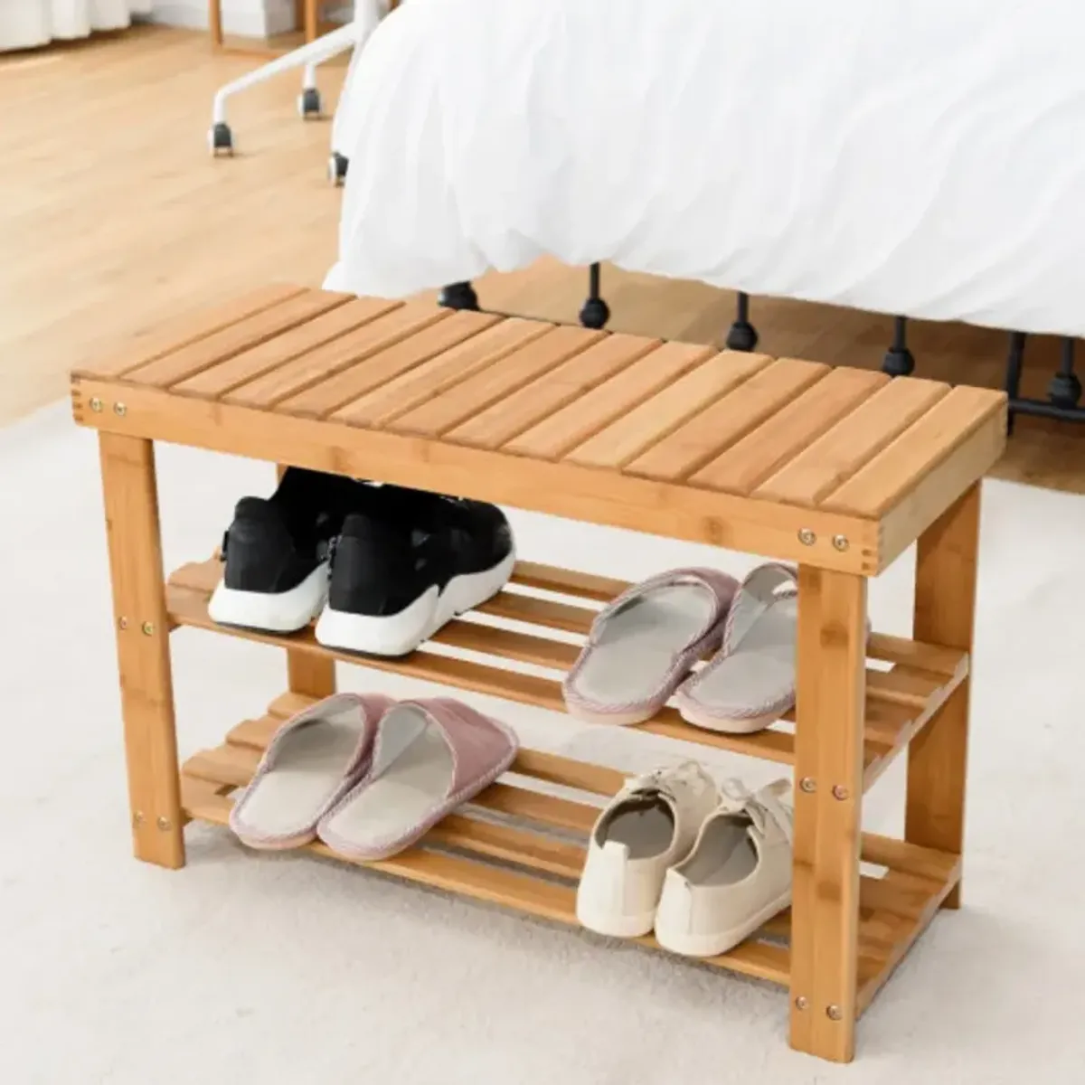 2-Tier Bamboo Shoe Bench Entryway Storage Racks