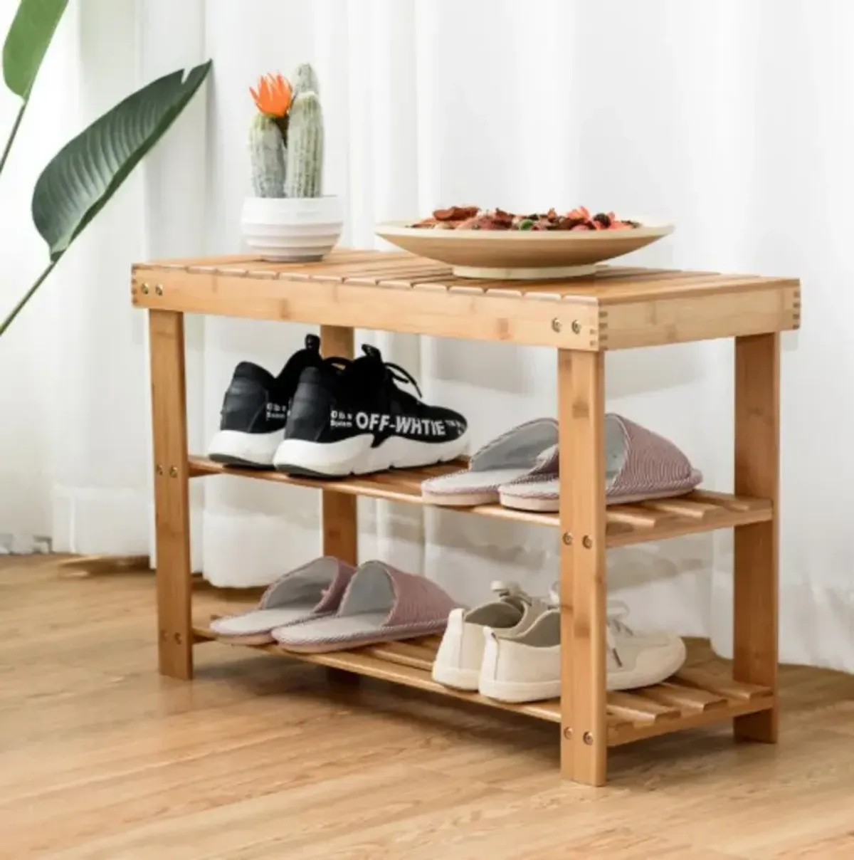 2-Tier Bamboo Shoe Bench Entryway Storage Racks