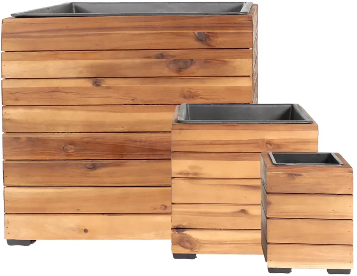 Sunnydaze 3-Piece Acacia Square Planter Boxes with Liners