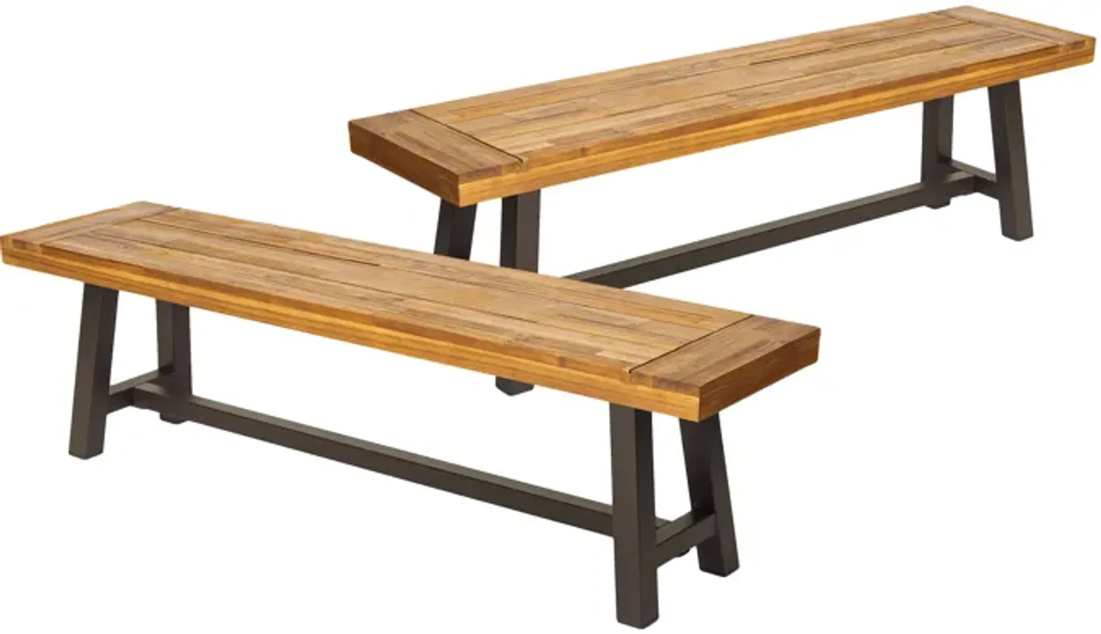 Leslee Outdoor Bench Set of 2, Light Brown Wood, Black Metal, 63 Inch - Benzara