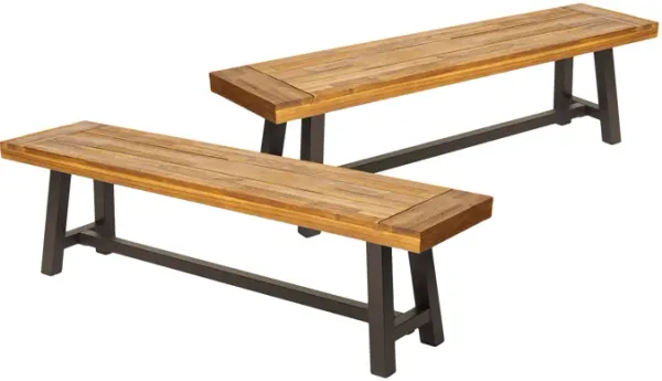 Leslee Outdoor Bench Set of 2, Light Brown Wood, Black Metal, 63 Inch - Benzara