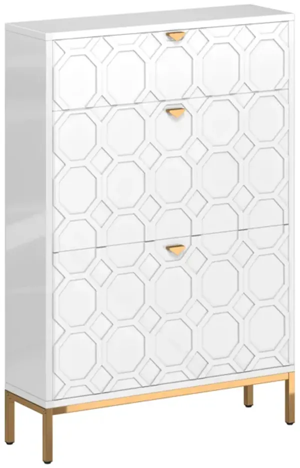 MONDAWE Modern 3-Drawer MDF Shoe Cabinet With Golden Handle (24-Pair)