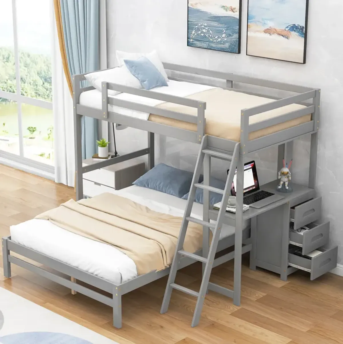 Merax Wood Bunk Bed with Desk and Three Drawers