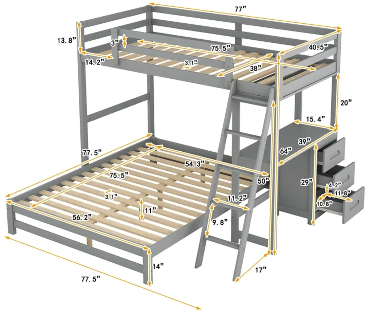 Merax Wood Bunk Bed with Desk and Three Drawers