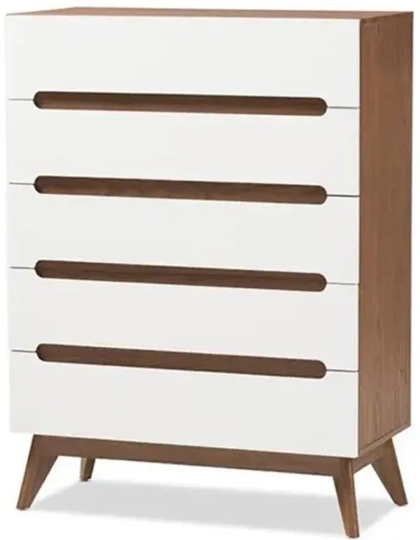 Baxton Studio Calypso Mid-Century Modern White and Walnut Wood 5-Drawer Storage Chest