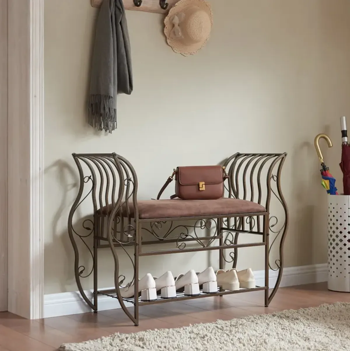 Traditional Upholstered Bed Bench with Arm and Metal Frame