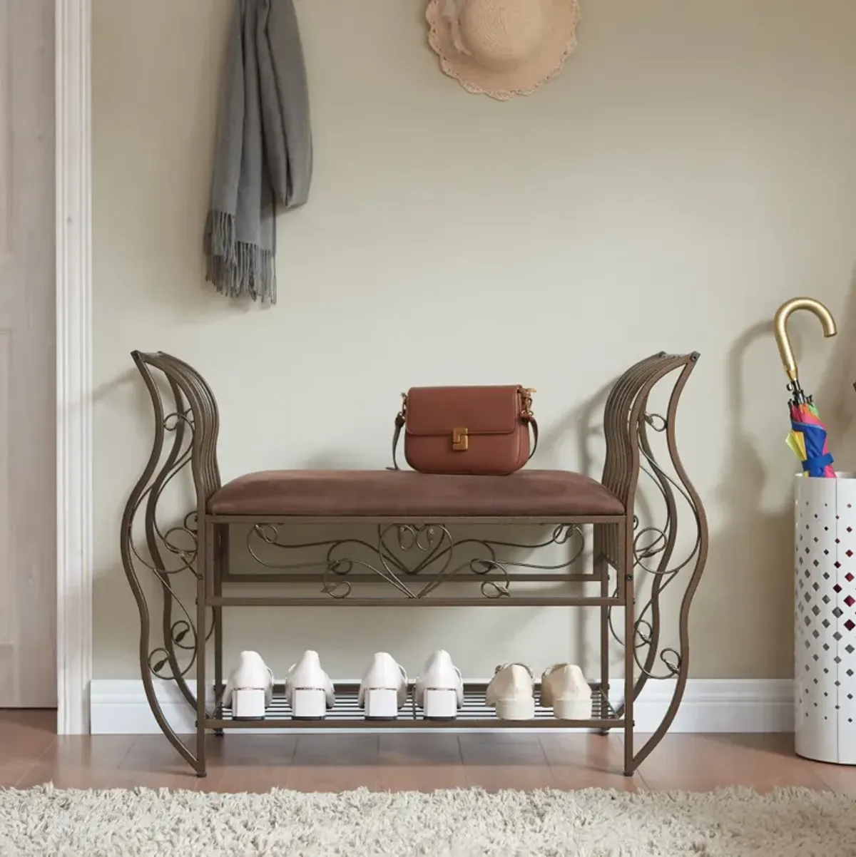 Traditional Upholstered Bed Bench with Arm and Metal Frame