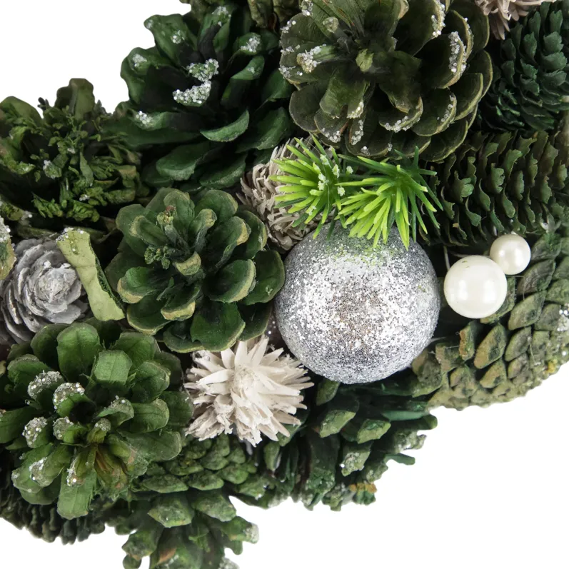 Green Pinecone and Foliage Artificial Christmas Wreath  14-Inch  Unlit