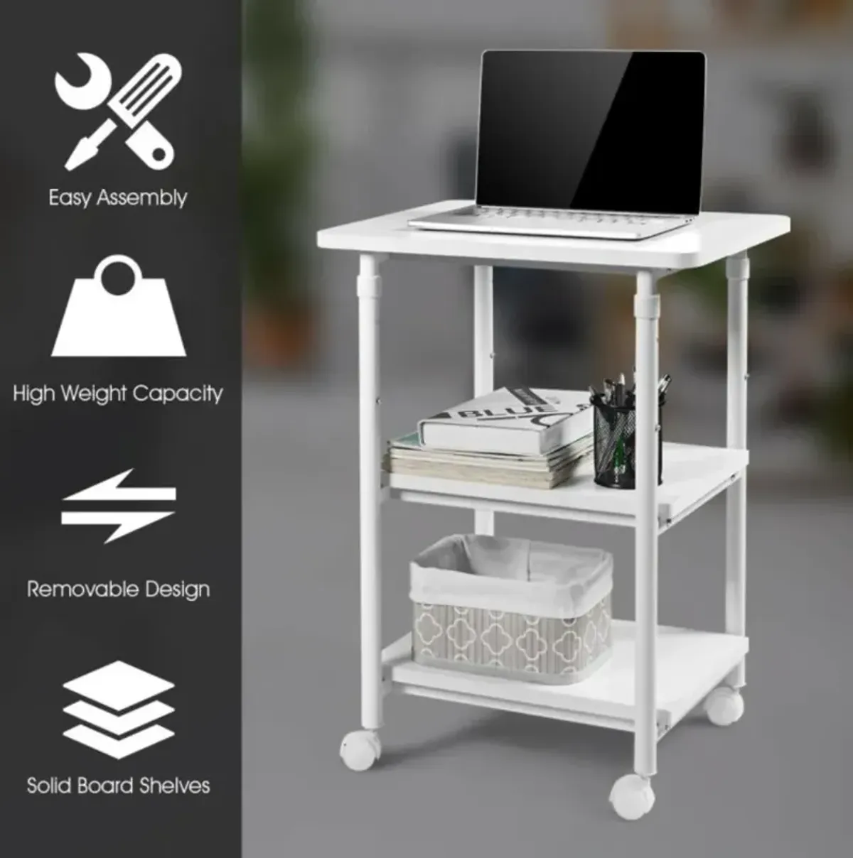 Hivvago 3-tier Adjustable Printer Stand with 360Â° Swivel Casters