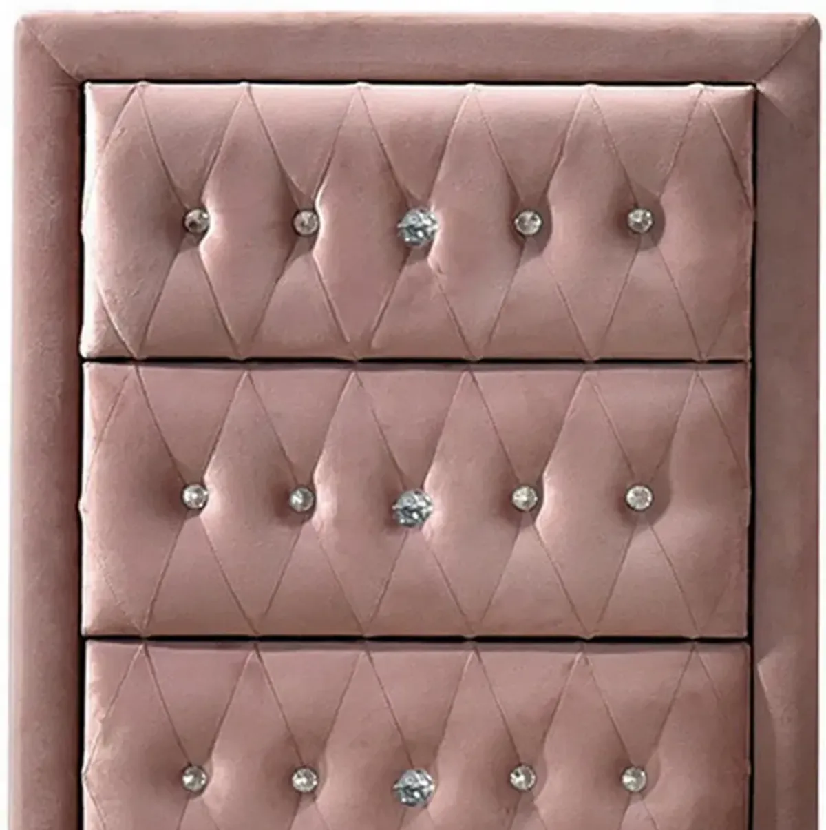 Rex 38 Inch Tall Upholstered Dresser Chest, 4 Drawer, Crystal Handles, Pink - Benzara