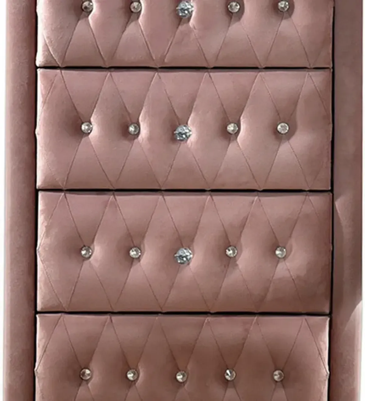 Rex 38 Inch Tall Upholstered Dresser Chest, 4 Drawer, Crystal Handles, Pink - Benzara