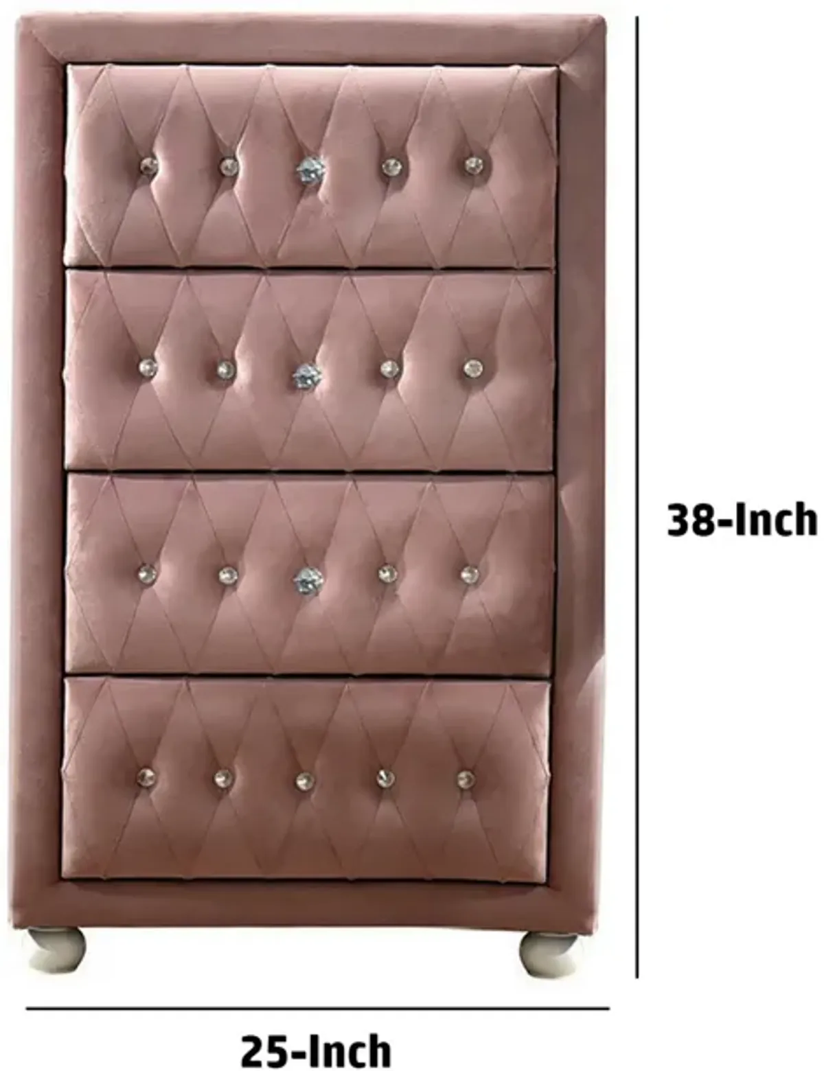 Rex 38 Inch Tall Upholstered Dresser Chest, 4 Drawer, Crystal Handles, Pink - Benzara