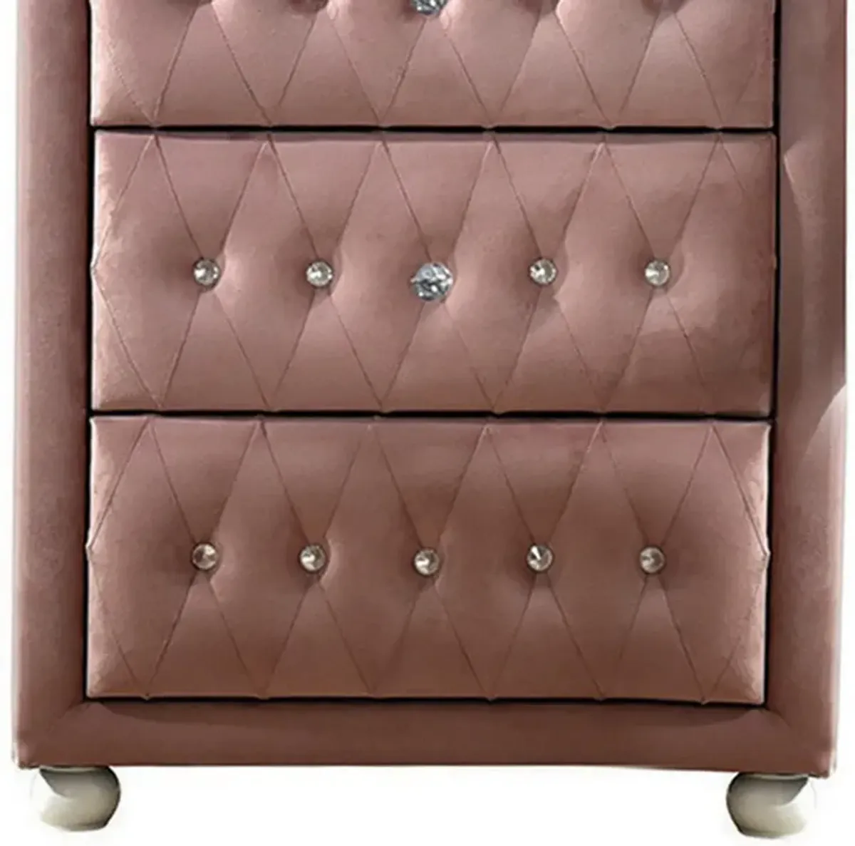 Rex 38 Inch Tall Upholstered Dresser Chest, 4 Drawer, Crystal Handles, Pink - Benzara