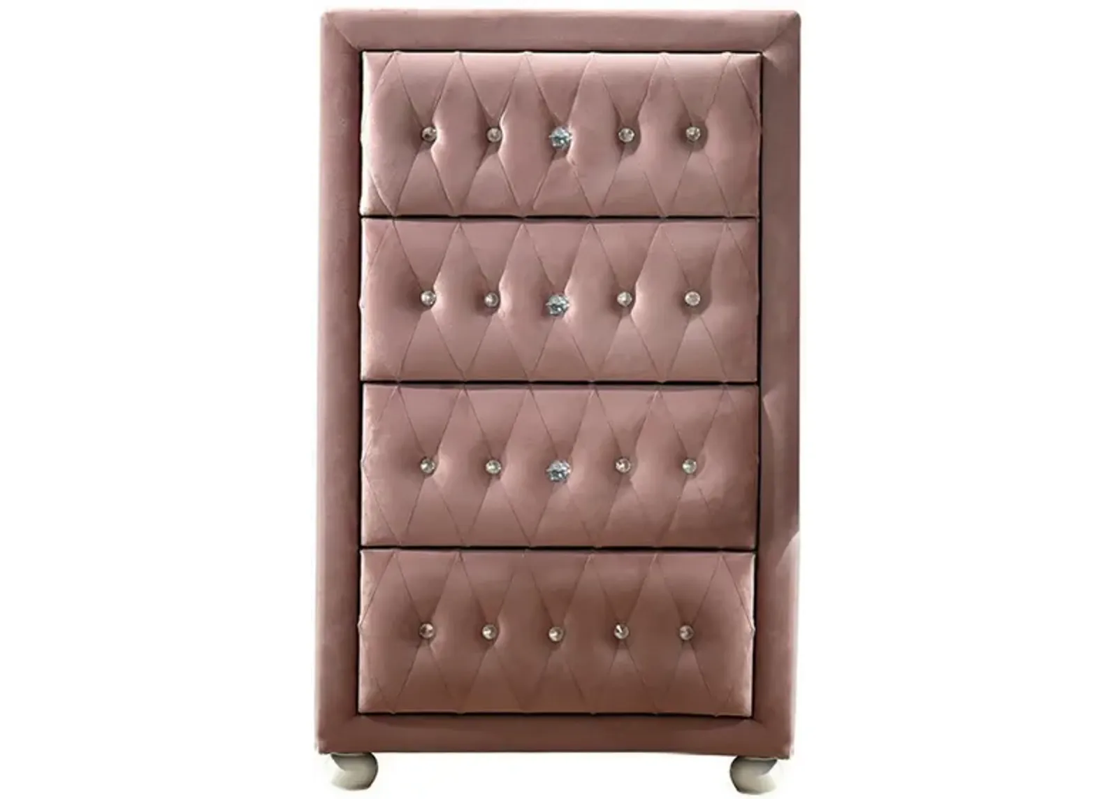 Rex 38 Inch Tall Upholstered Dresser Chest, 4 Drawer, Crystal Handles, Pink - Benzara