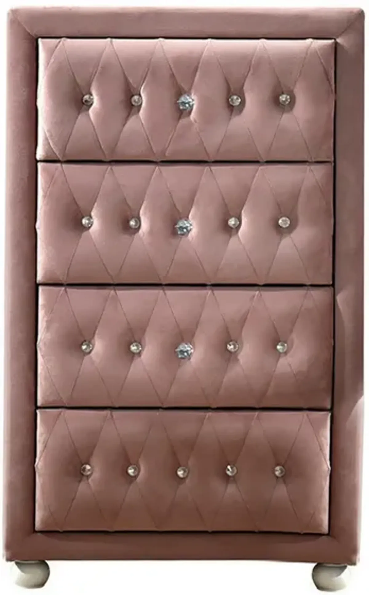 Rex 38 Inch Tall Upholstered Dresser Chest, 4 Drawer, Crystal Handles, Pink - Benzara