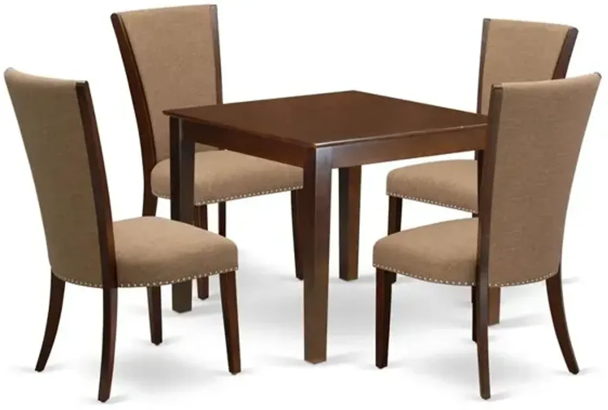 East-West Furniture OXVE5-MAH-47 - A modern dining table set of 4 wonderful kitchen dining chairs with Linen Fabric Light Sable color and a lovely dinner table with Mahogany Finish
