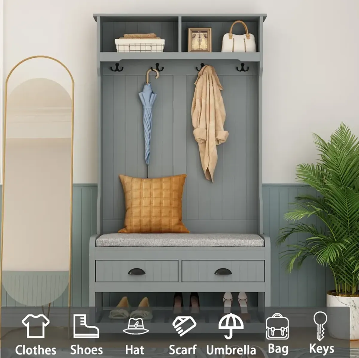 68.5 in. Gray Wood 3-in-1 Hall Tree Coat Rack Storage Bench with 4-Metal Double Hooks and 2-Drawers, Shelves