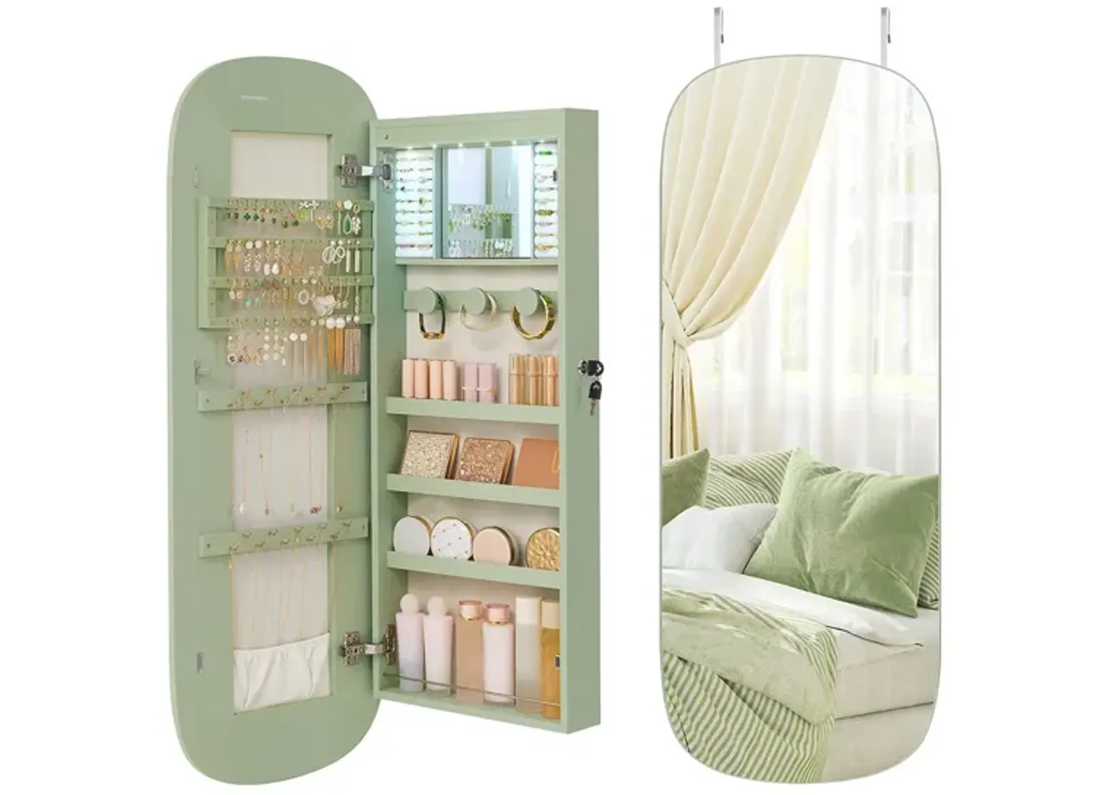 LED Jewelry Cabinet with Mirror Illuminated Storage for Jewelry and Accessories