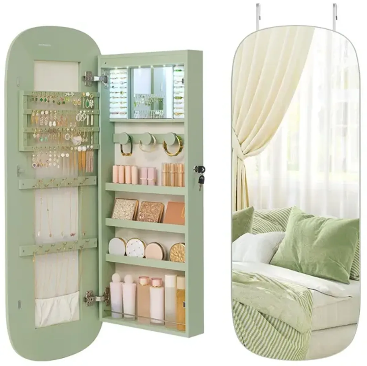 LED Jewelry Cabinet with Mirror Illuminated Storage for Jewelry and Accessories