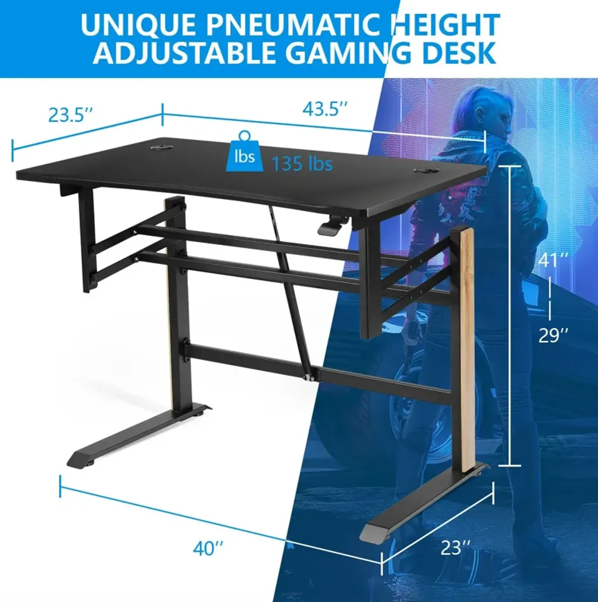 Pneumatic Height Adjustable Gaming Desk T Shaped Game Station with Power Strip Tray-Black