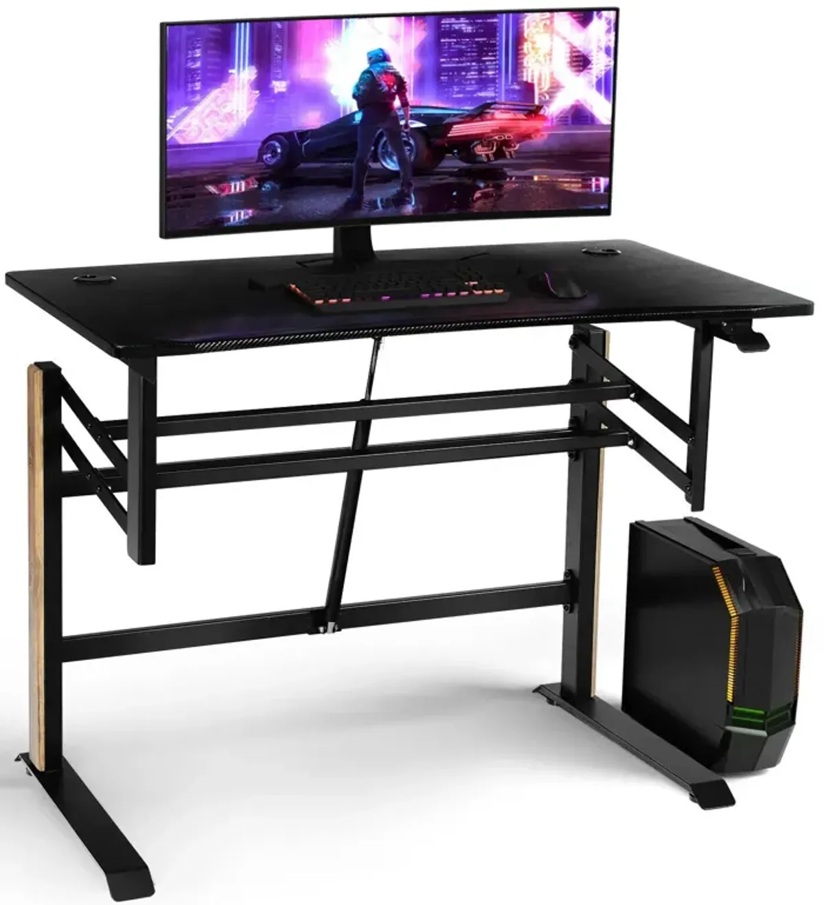 Pneumatic Height Adjustable Gaming Desk T Shaped Game Station with Power Strip Tray-Black