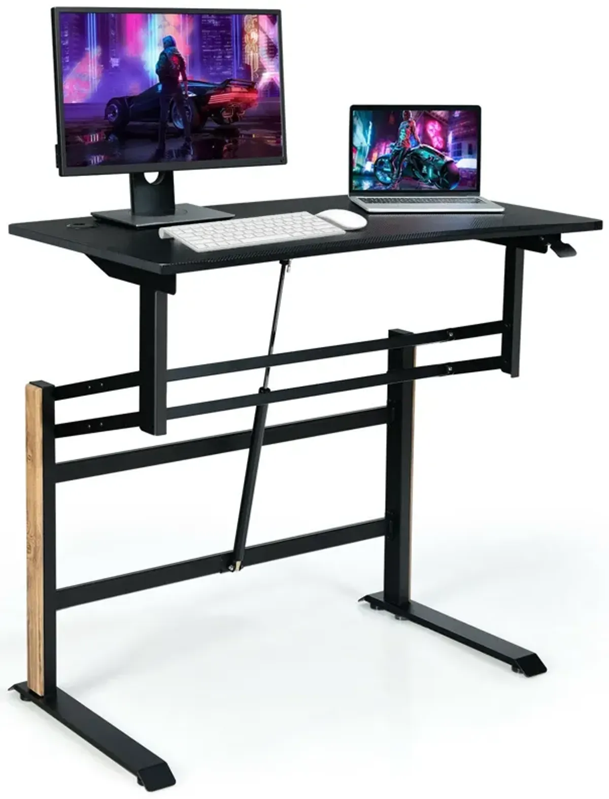 Pneumatic Height Adjustable Gaming Desk T Shaped Game Station with Power Strip Tray-Black