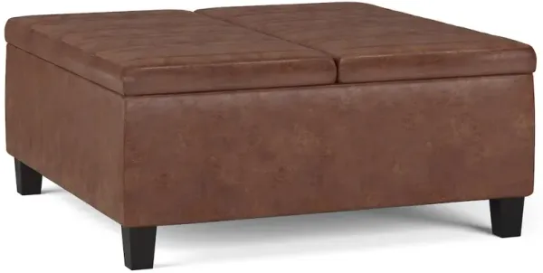 Simpli Home Ellis Coffee Table Storage Ottoman In Distressed Saddle Brown Vegan Faux Leather