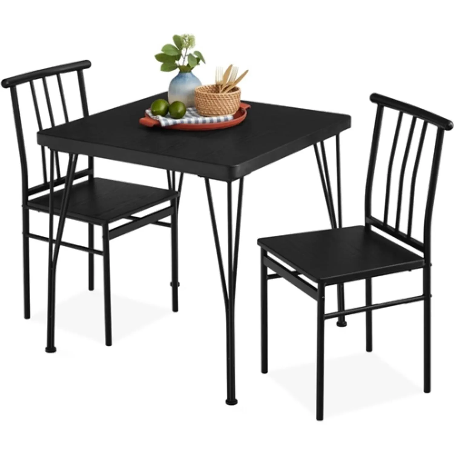 Modern 3 Piece Metal Frame Dining Set with Black Wood Top Table and 2 Chairs