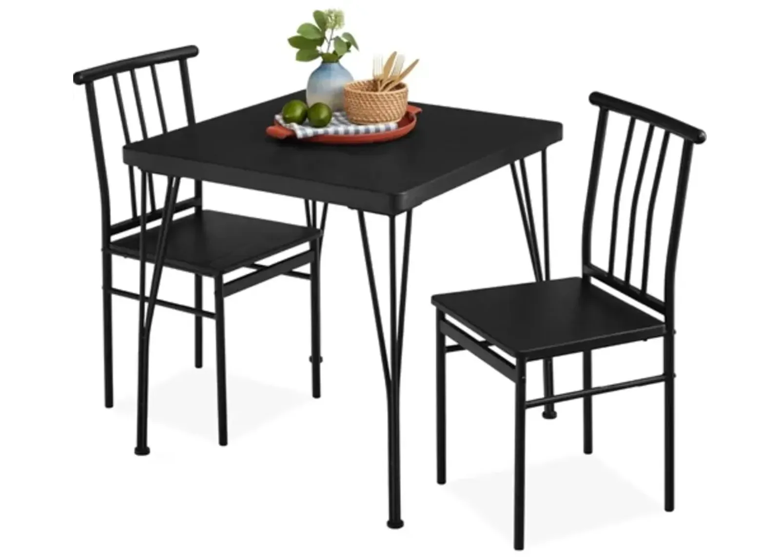 Modern 3 Piece Metal Frame Dining Set with Black Wood Top Table and 2 Chairs