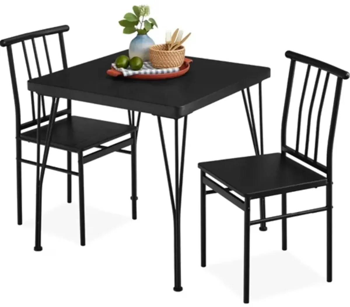 Modern 3 Piece Metal Frame Dining Set with Black Wood Top Table and 2 Chairs