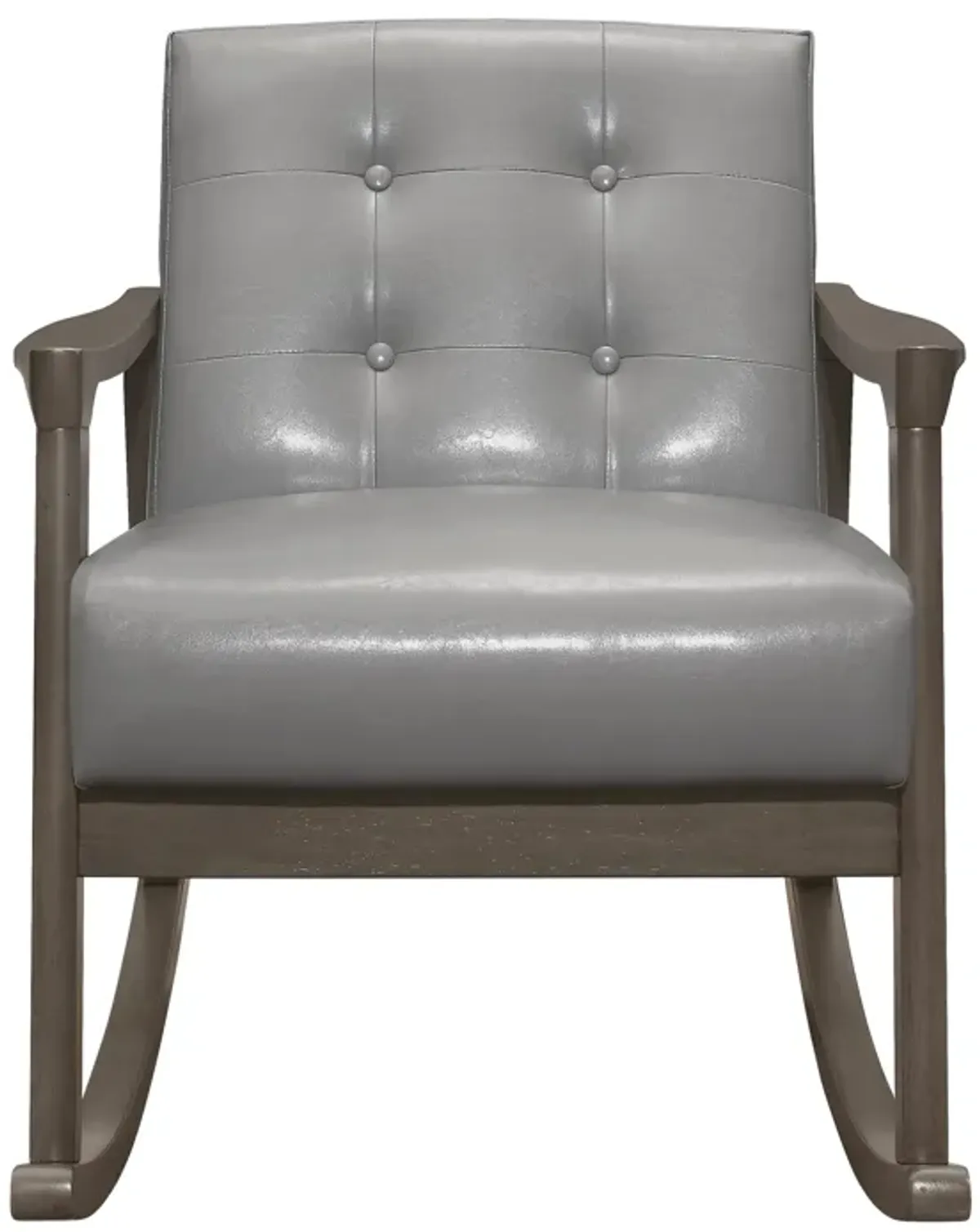 Ciao 37 Inch Rocking Chair Armchair, Light Gray Faux Leather, Solid Wood - Benzara