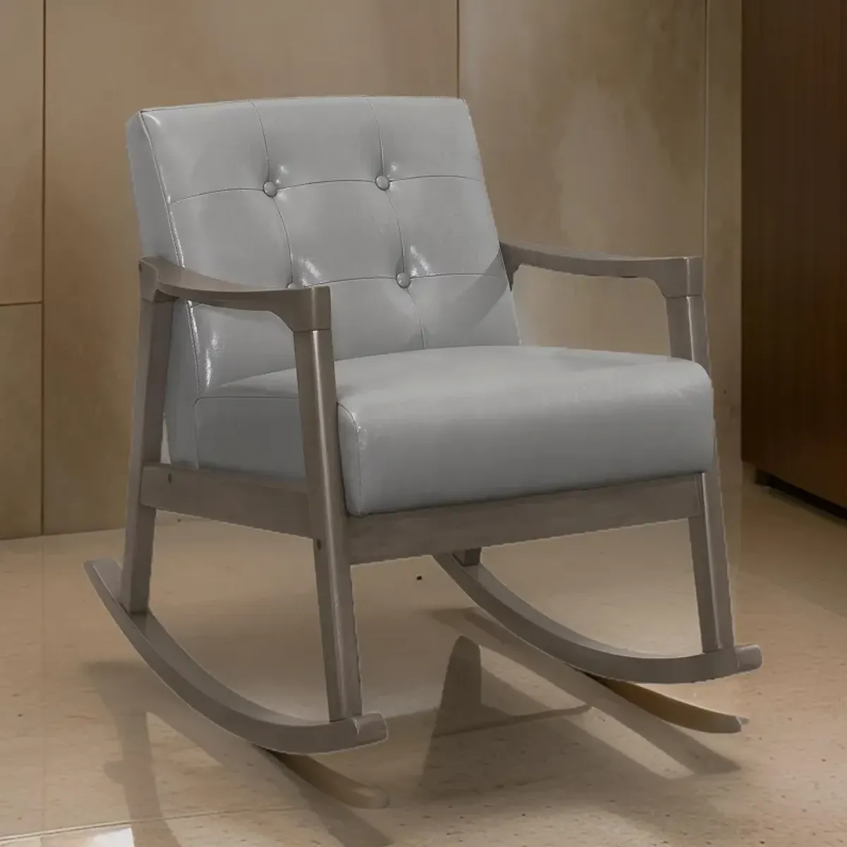 Ciao 37 Inch Rocking Chair Armchair, Light Gray Faux Leather, Solid Wood - Benzara