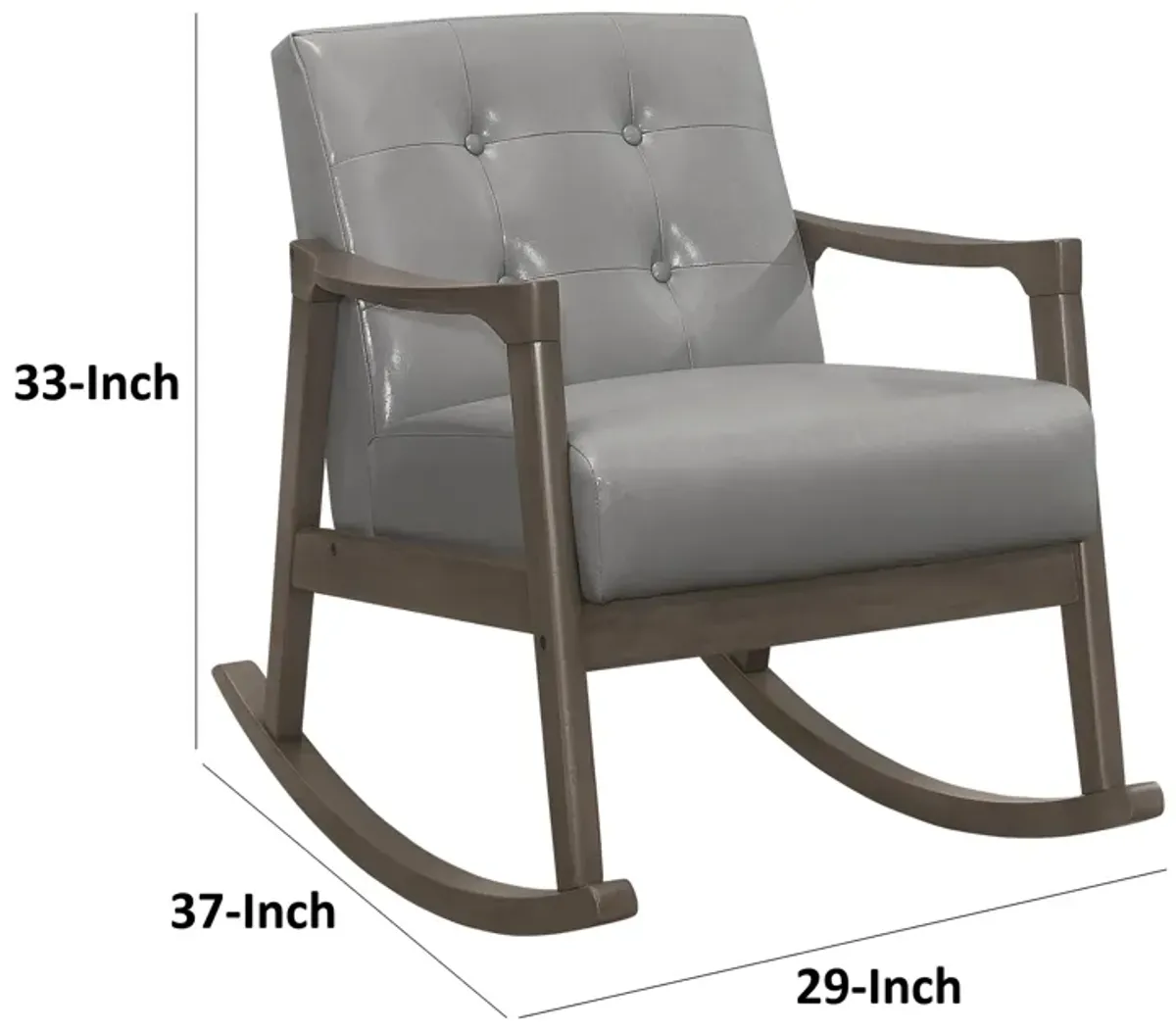 Ciao 37 Inch Rocking Chair Armchair, Light Gray Faux Leather, Solid Wood - Benzara