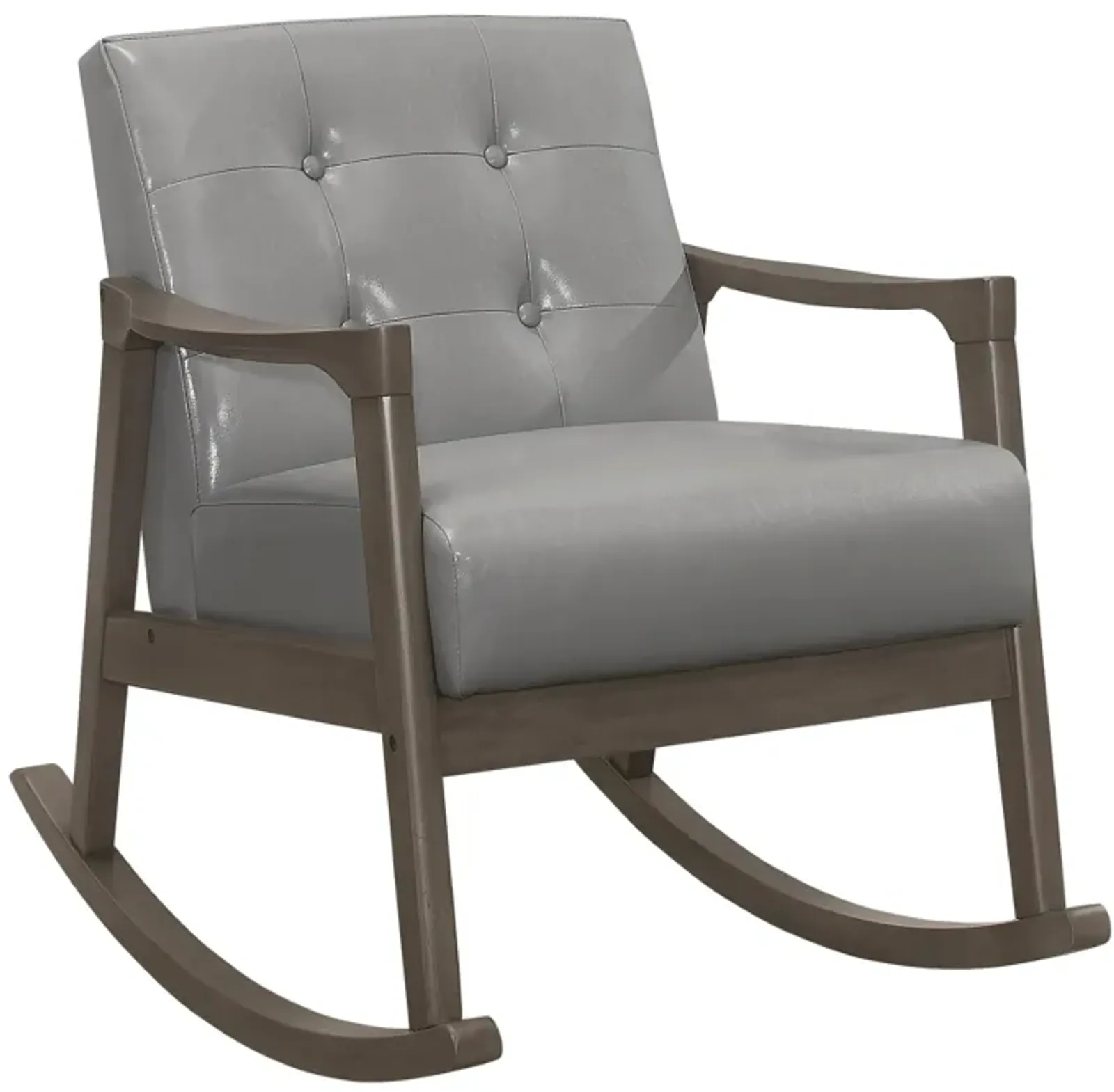 Ciao 37 Inch Rocking Chair Armchair, Light Gray Faux Leather, Solid Wood - Benzara