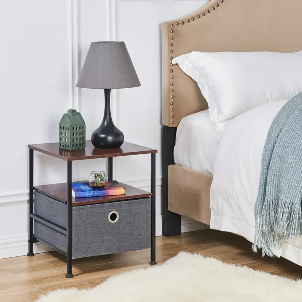 Modern Nightstand End/Side Table with Shelf and Fabric Storage Drawer