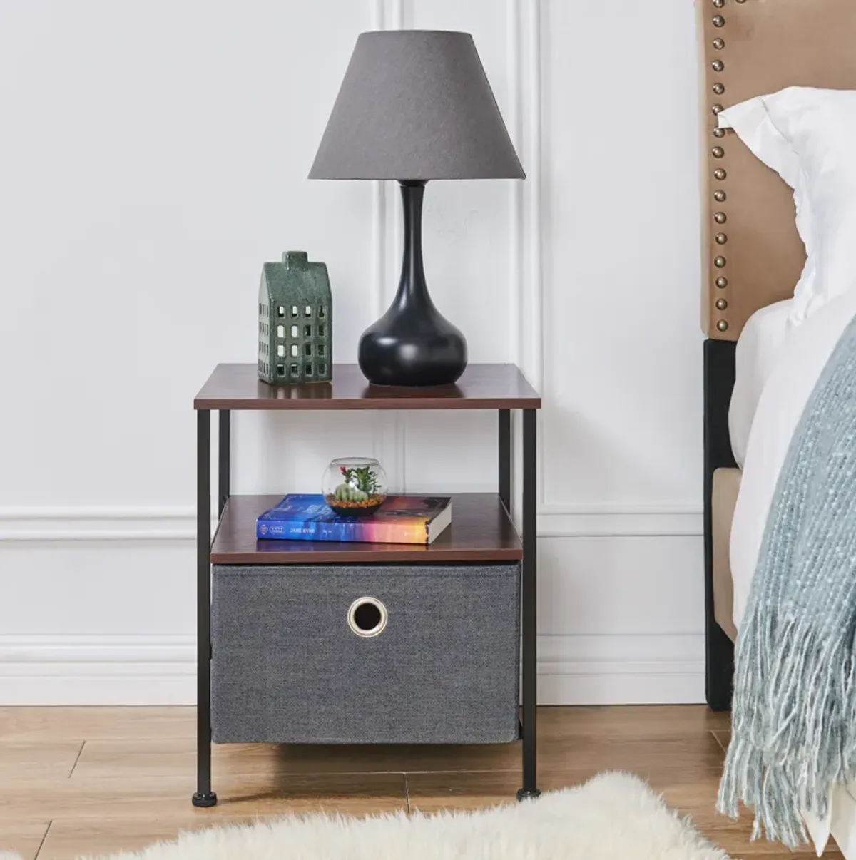 Modern Nightstand End/Side Table with Shelf and Fabric Storage Drawer