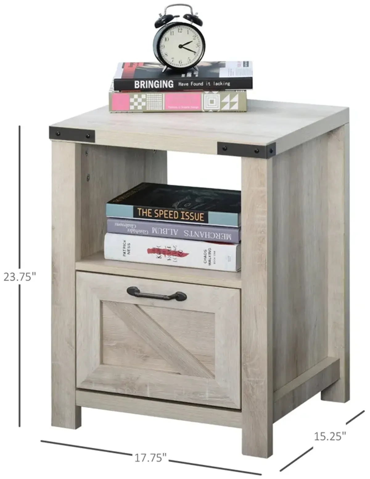 Natural Industrial Side Table: Retro End Desk with Drawer, Shelf, Big Tabletop